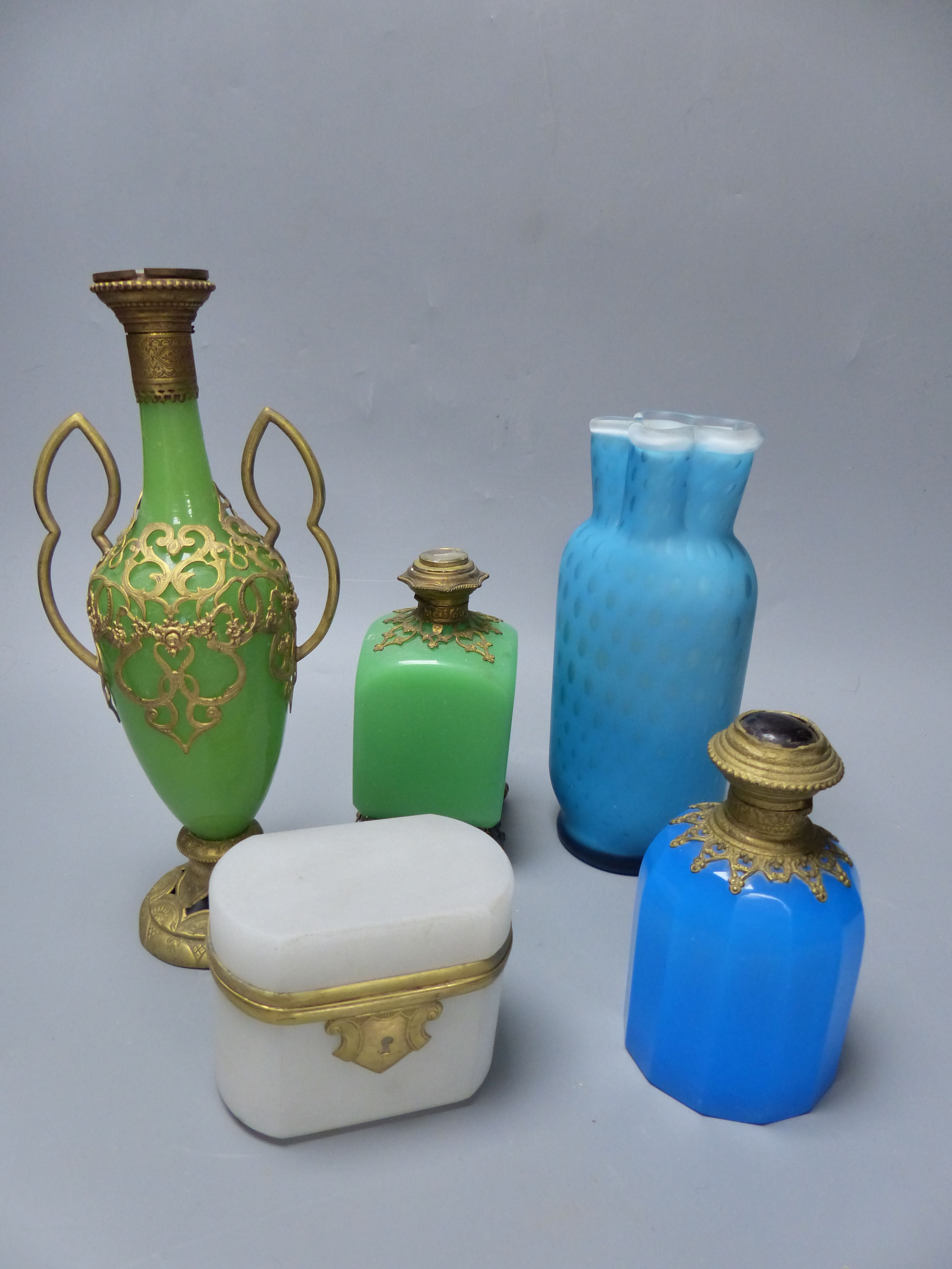 A group of French coloured opaline glass with gilt metal mounts and a satin glass vase, tallest 23.5cm